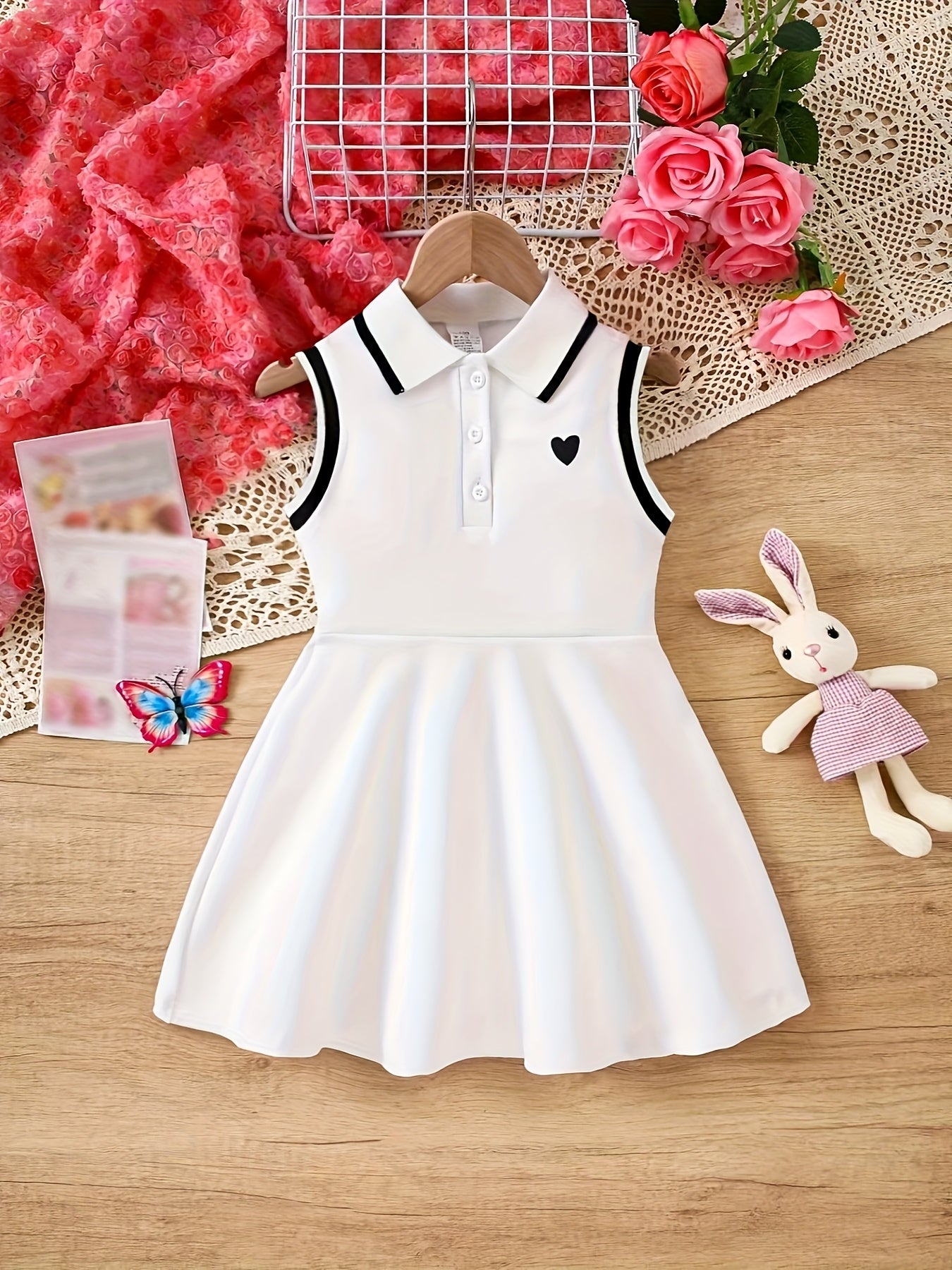 Summer Fashion Sleeveless Polo Dress for Girls with a Heart Print, Knee-Length Casual Outfit
