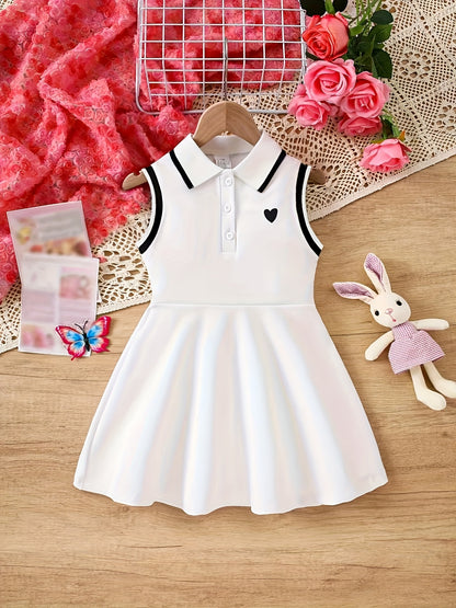 Summer Fashion Sleeveless Polo Dress for Girls with a Heart Print, Knee-Length Casual Outfit