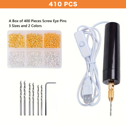 [Mini Drill Set] 10pcs/110pcs/410pcs Mini Drill Set | USB-Powered Electric Mini Drill Kit with Bits, Wrench, Hex Key Pliers, Resin Casting Mold - DIY Keychain Craft Tool for Resin Plastic Wood Polymer Clay Jewelry Pendant Making - Three Sets to Meet Your