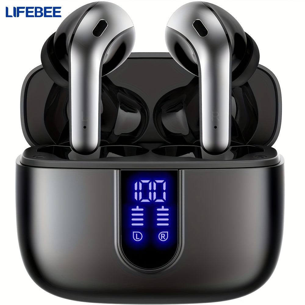 Wireless Earbuds with LED Power Display | 60H Playback, Wireless Charging Case, Noise Cancellation, Condenser Microphone, Touch Control, USB Type-C Charging, LIFEBEE