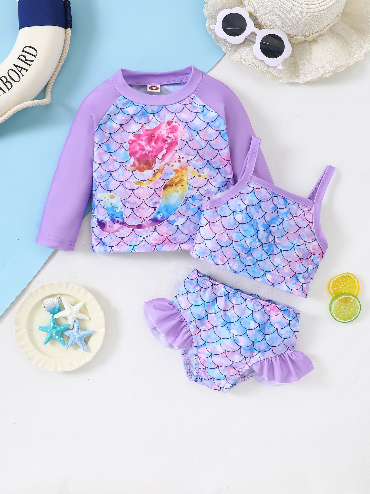 Girls' Fashion Swimsuit Set, Three-Piece Mermaid Rainbow Horse Rainbow Fish Scale, Cover-Up Camisole Shorts Bikini Split Set