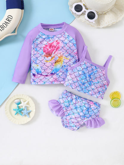 Girls' Fashion Swimsuit Set, Three-Piece Mermaid Rainbow Horse Rainbow Fish Scale, Cover-Up Camisole Shorts Bikini Split Set