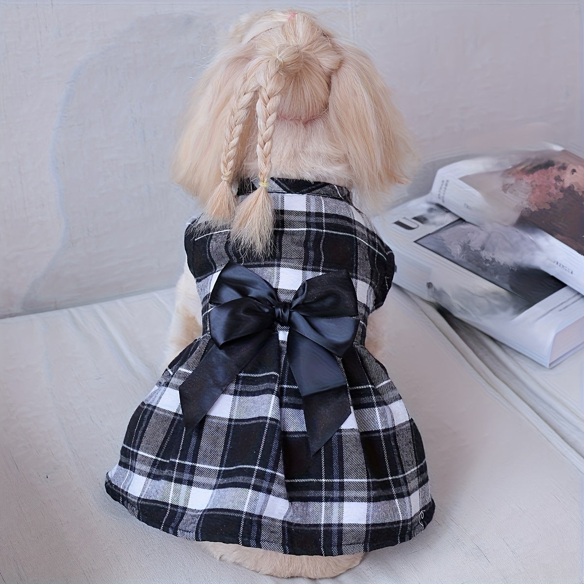 Pet Clothing Cat and Dog Four Seasons Big Grid College English Bow Dress 1pc
