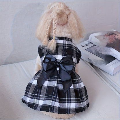 Pet Clothing Cat and Dog Four Seasons Big Grid College English Bow Dress 1pc