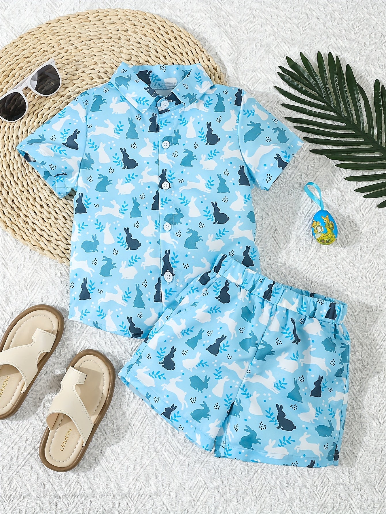 Single Cute Easter Bunny Print Short Sleeve Shirt and Shorts Set | Casual Non-Stretch Fabric, Regular Fit, Ideal for Outdoor Activities
