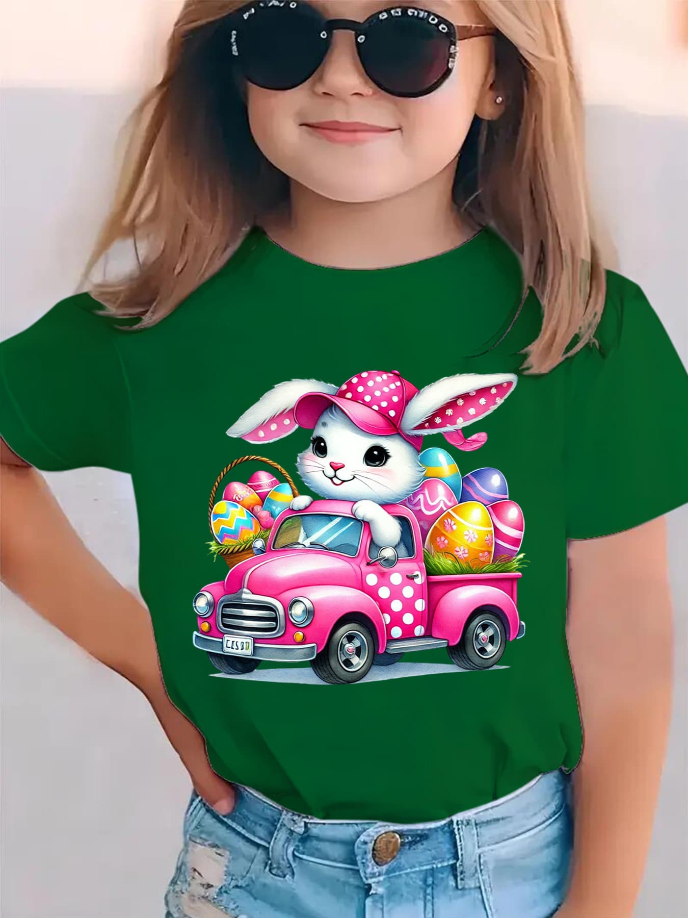 Girls' Easter Bunny Driving with Eggs Short Sleeve T-Shirt - Cute & EASTER Lettering Spring Summer Casual Round Neck Blouse for Easter Egg Hunt Outfits NY-DX5447