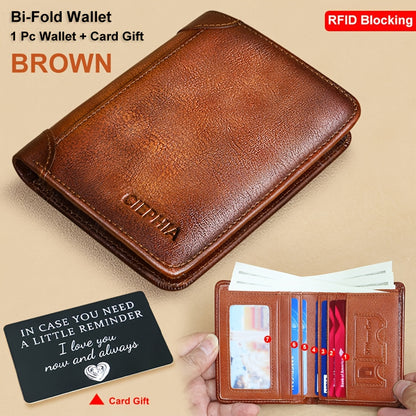 Genuine Leather Men's Wallet with Blessing Card Set, RFID Blocking, Ultra-Thin, Top-Grain Cowhide, Compact Multi-Function ID and Credit Card Holder, Christmas Valentine's Day Father's Day Gift
