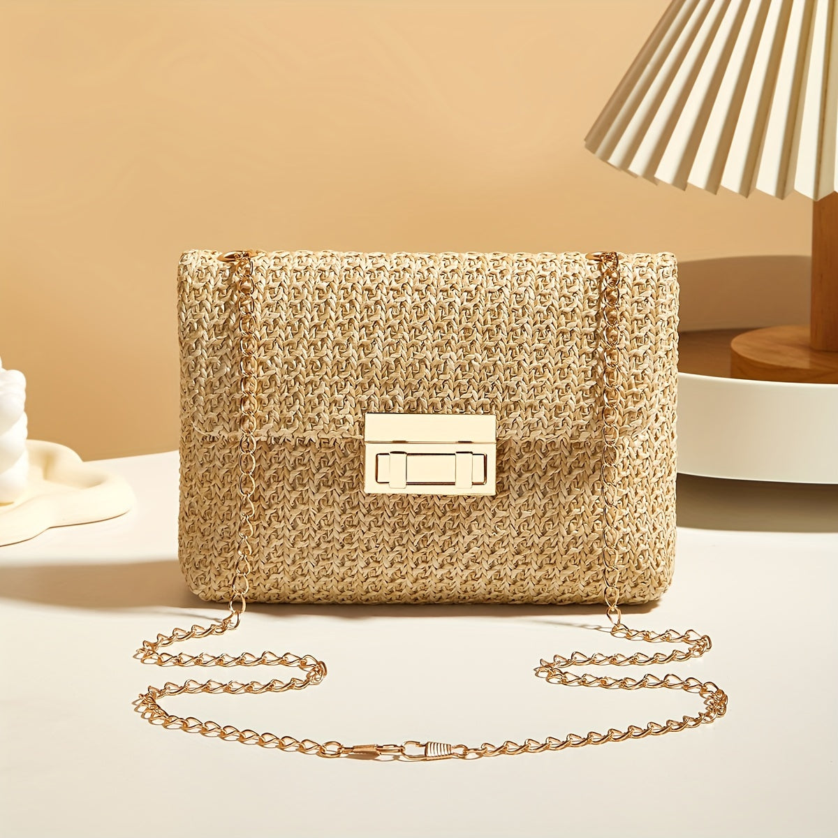 Handcrafted Women'S Straw Shoulder Bag, Woven Crossbody Bag with Chain Lock, Small Square Bag