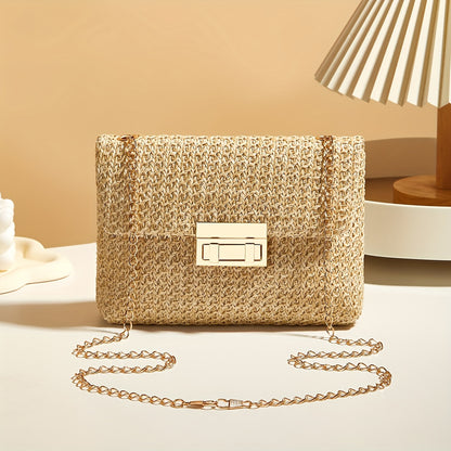 Handcrafted Women'S Straw Shoulder Bag, Woven Crossbody Bag with Chain Lock, Small Square Bag