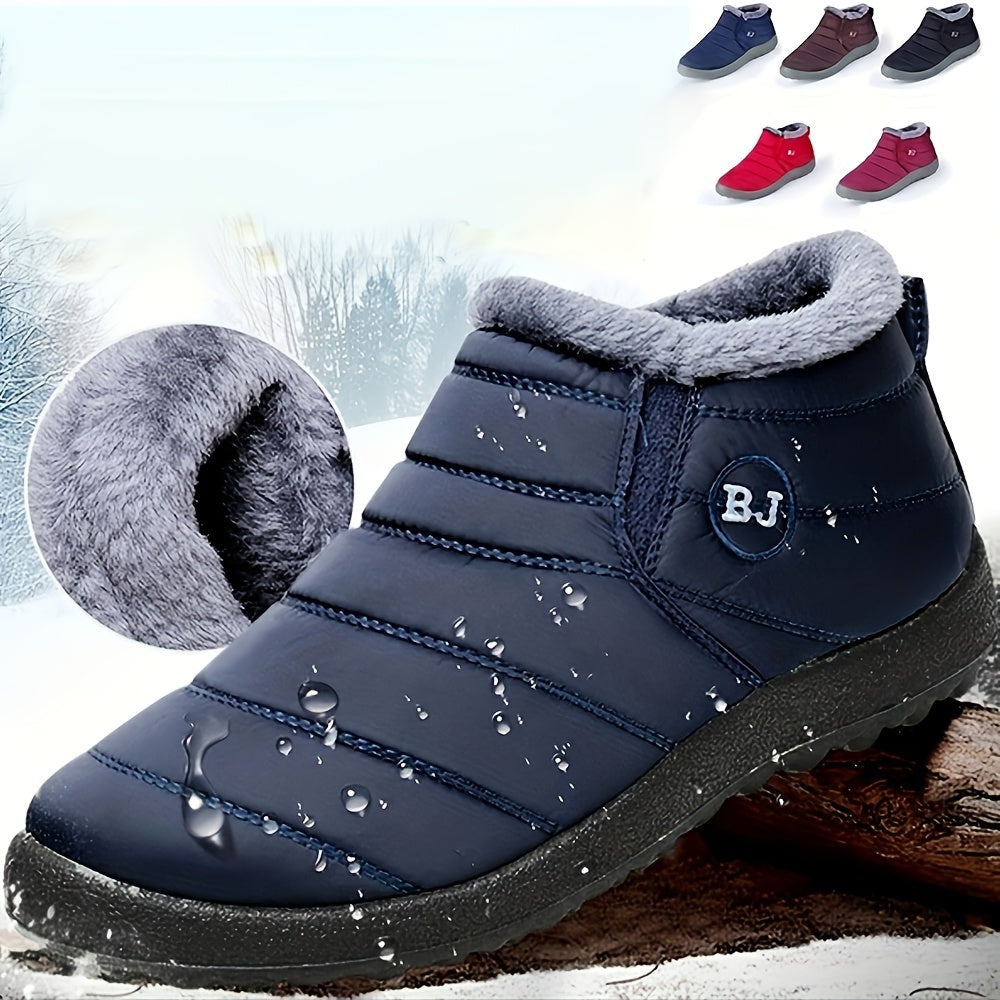 Women's Slip-On Winter Ankle Boots - Cozy Artificial Fur-Lined Interior, Non-Slip Sole, Navy Blue with Logo "B.J." - Warm Booties in Multiple Colors, Women Shoes