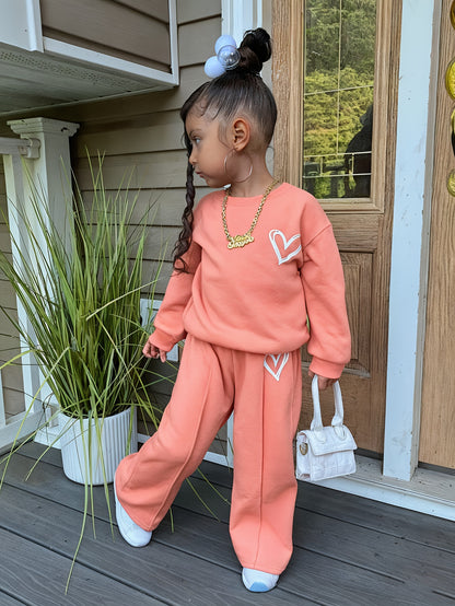 Girls' Heart Print Fleece Sweatshirt & Long Pants Two-Piece Set, Warm Cozy Comfortable Fabric, Perfect for Autumn Winter Outdoor Wear, Great Gift for Children
