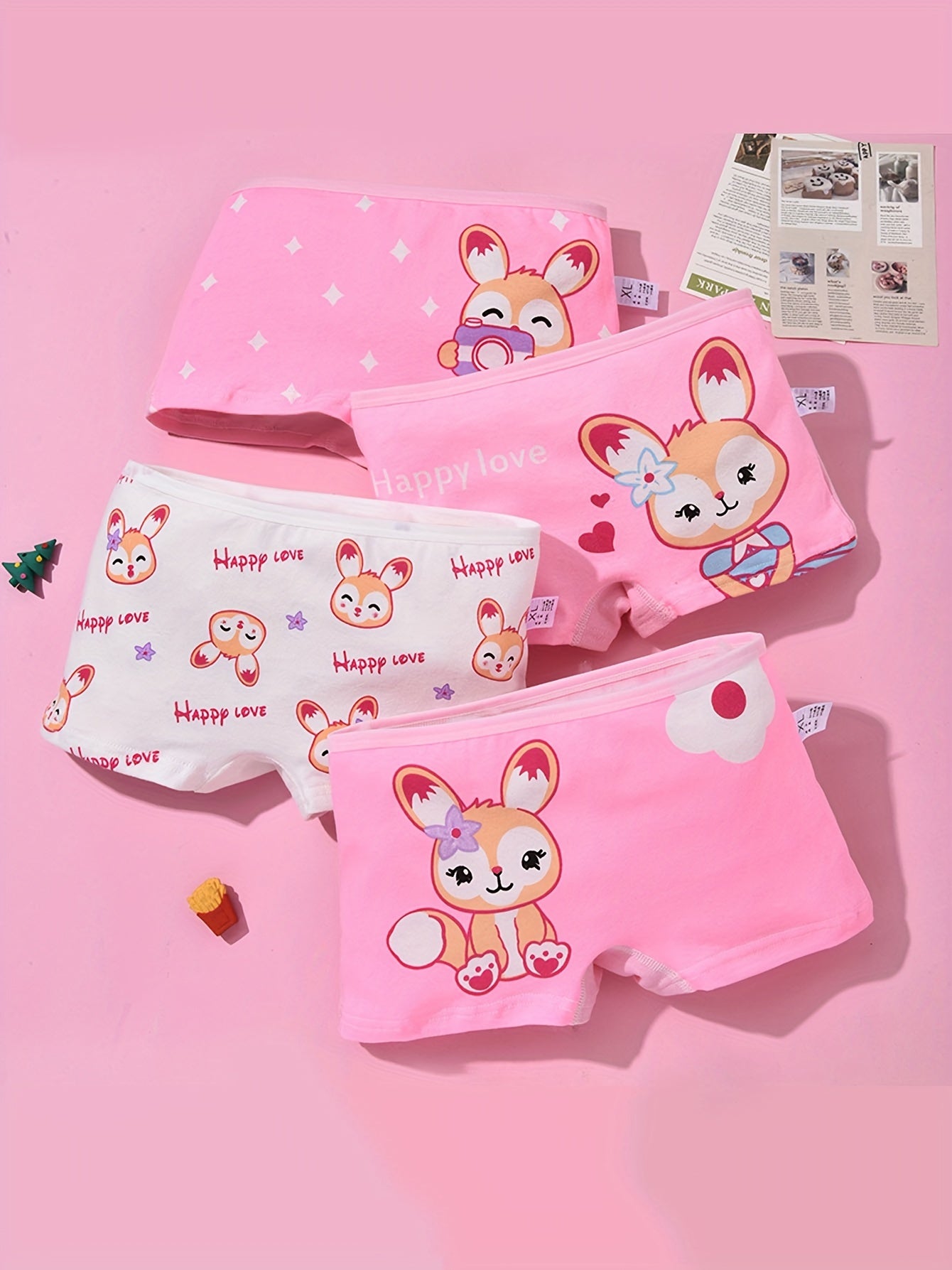 4-Pack Girls' Cute Bunny & Cat Print Boxer Briefs - Pastel Colors, Soft Stretchy Mid-Rise Underwear, All-Season Comfort, Regular Fit for Youngsters & Youngsters, Youngsters Underwear, Playful Youngsters' Apparel, Comfortable Youngsters' Wear