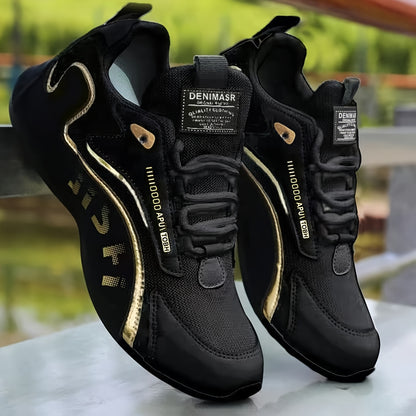 Men'S Fashion Casual Sneakers - Low-Top Lace-Up with Golden Accents, Breathable Fabric Lining & Durable PVC Sole, All-Season Comfort for Outdoor, Daily Wear & Street Style, Outdoor Footwear, Stylish Laceups, Fabric Lined Interior