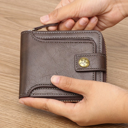 1pc, Fashionable Bark-pattern Brown PU Credit Card Holder with Zipper and Snap Closure, Small Zippered Coin Pouch, Zipper Button Closure, Business Style, Futuristic Zipper Wallet, ID Card Holder, Thanksgiving, Christmas, Warm Winter New Arrival