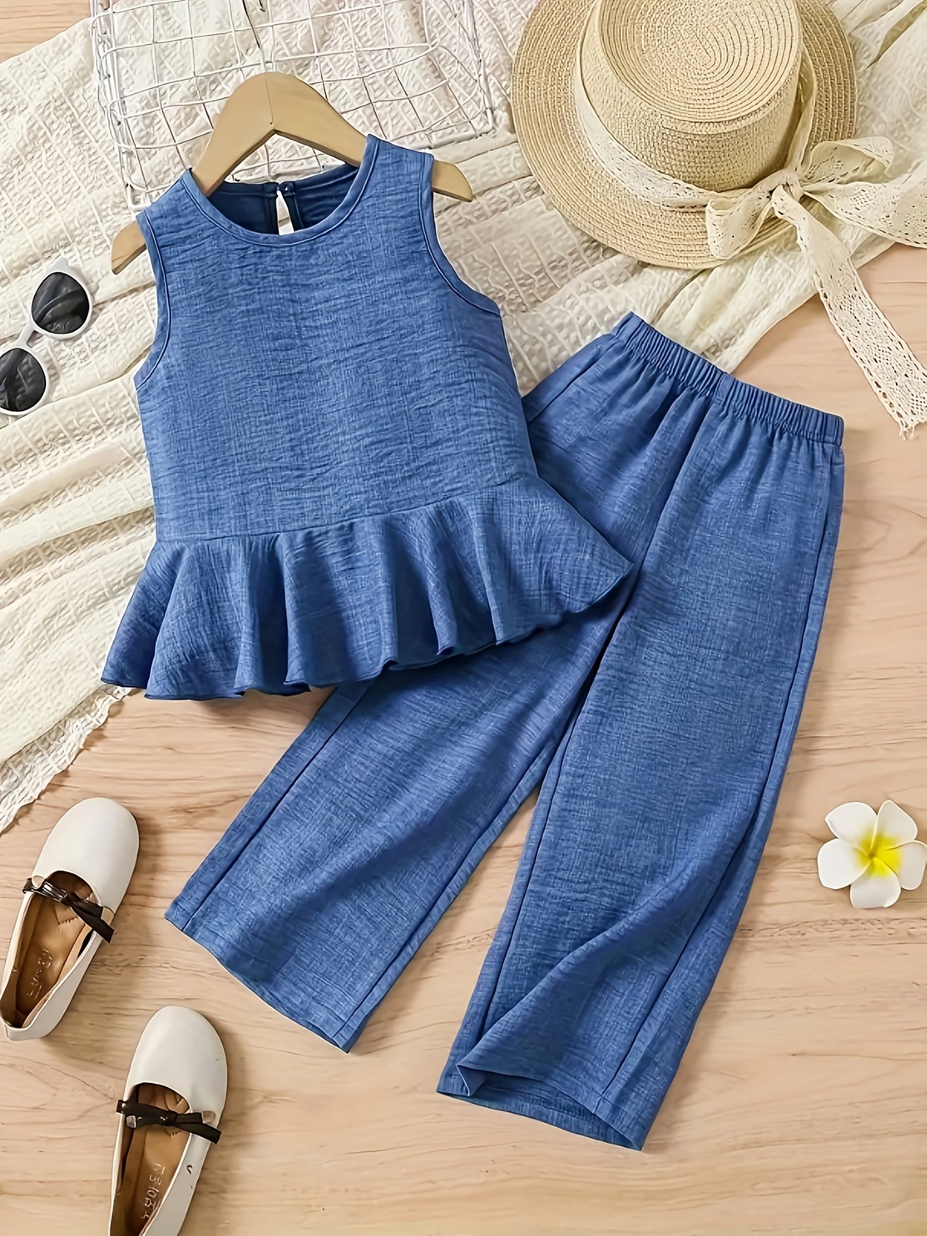 [Girls Summer Fashion Set] New Summer Fashion Set for Girls, Featuring a Blue Ruffled Sleeveless And Short-Sleeve Top Paired with Loose-Fitting Long Pants. Perfect for Everyday Outings And Vacations. This Stylish Outfit Is Ideal for Back-To-School Season