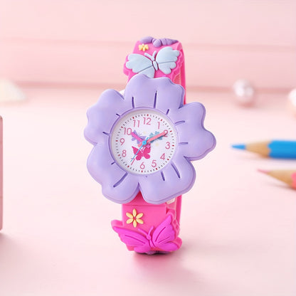 [3D Flower Butterfly Watch] Cute 3D Flower & Butterfly Watch with Soft PVC Case - Youngsters's Learning Clock, Analog Quartz Movement Wristwatch for &, - (Low Voltage)
