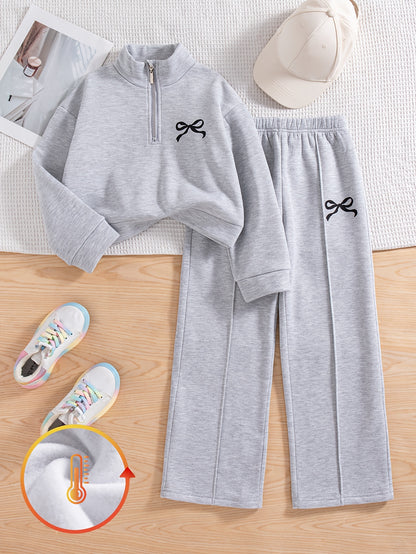 Girls' Daily Casual Outing Fashion Printed Bow Pattern Drop Shoulder Stand Collar Long Sleeve Sweatshirt and Long Pants 2pcs Set, Large Sweatshirt and Long Pants Set for Girls, Autumn/Winter, Perfect for Outdoor