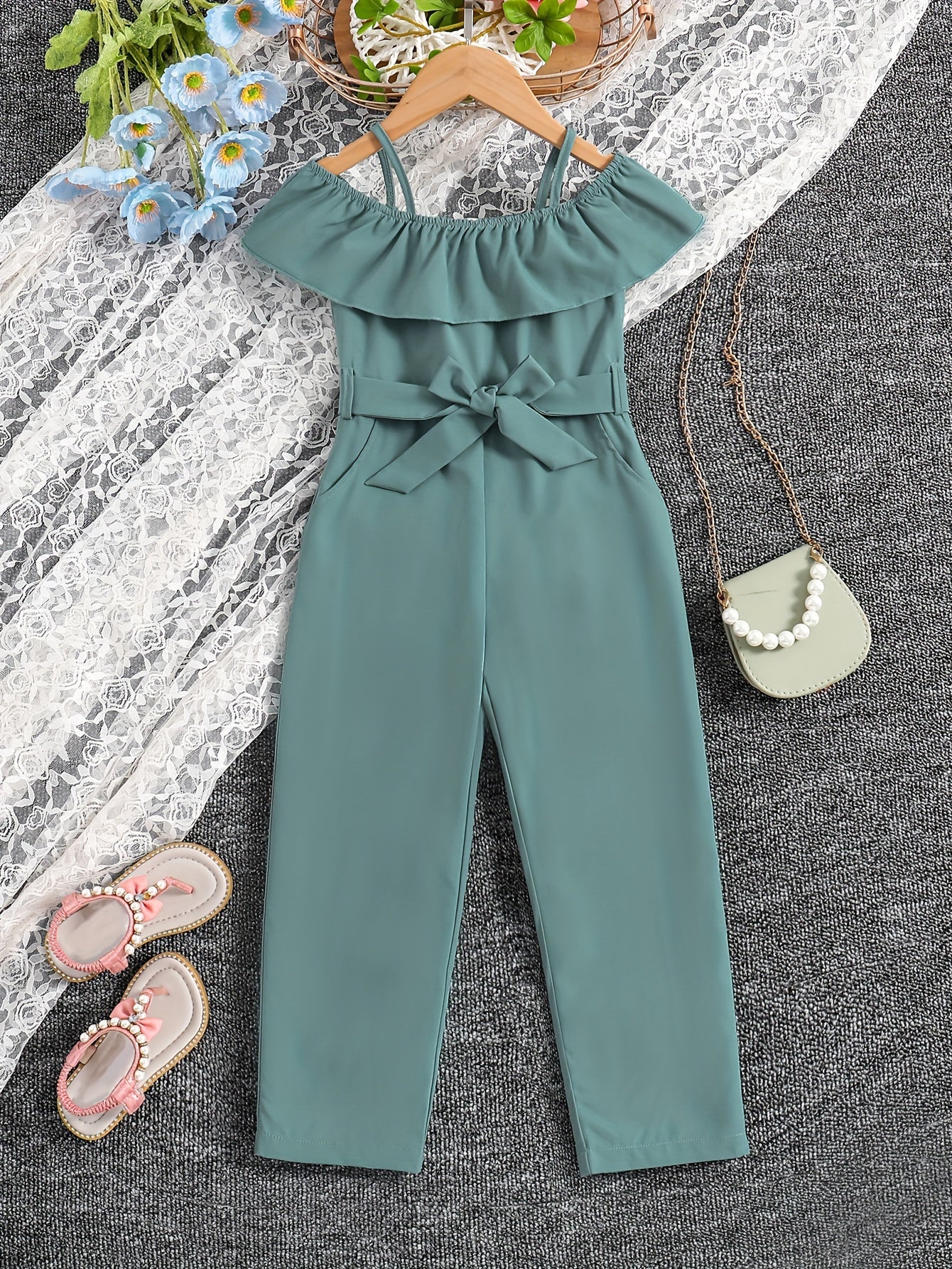 Summer Casual Outings for Girls Featuring a Sleeveless Ruffled Strap Jumpsuit in Solid Color, Complete with a Belt, for Outdoor