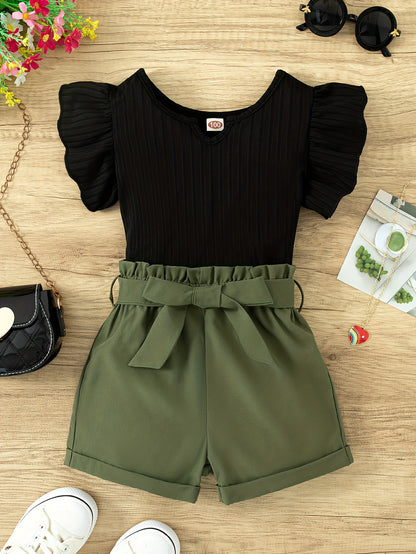A Summer Casual Outfit for Girls Featuring a Sleeveless Round-Neck Top And Shorts Set, Complete with a Belt, for Outdoor