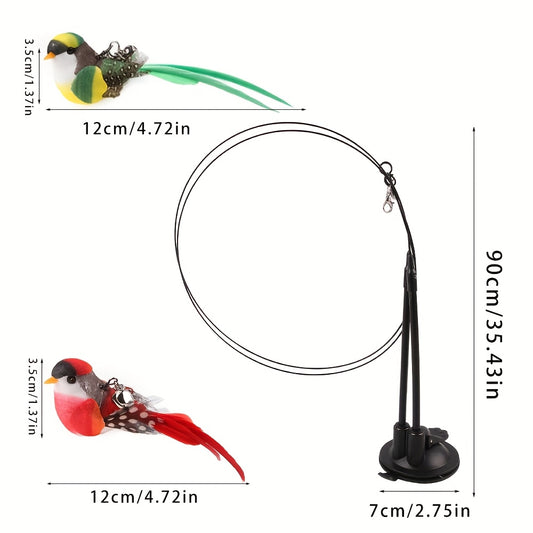A Cat Toy Set Featuring a Realistic Bird Design, Hands-Free Bird Wand with a Long Double Rod And Bells, Strong Suction Cups for Interactive Play, Ideal for Kittens to Practice Hunting Skills, Without Battery
