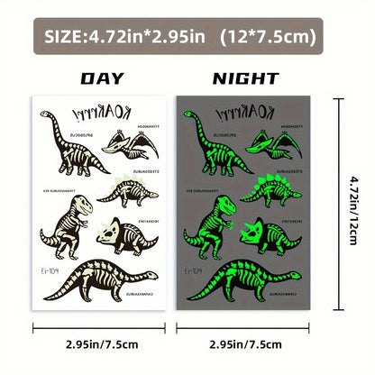 10 Sheets of Luminous Waterproof Glow-in-the-Dark Dinosaurs Temporary Tattoos, Featuring T-Rex, Pterosaur, Velociraptor, Triceratops, and Stegosaur Designs in Rectangular Shape, Perfect for Dinosaurs Birthday Party Supplies, Stocking Stuffers, and Christm