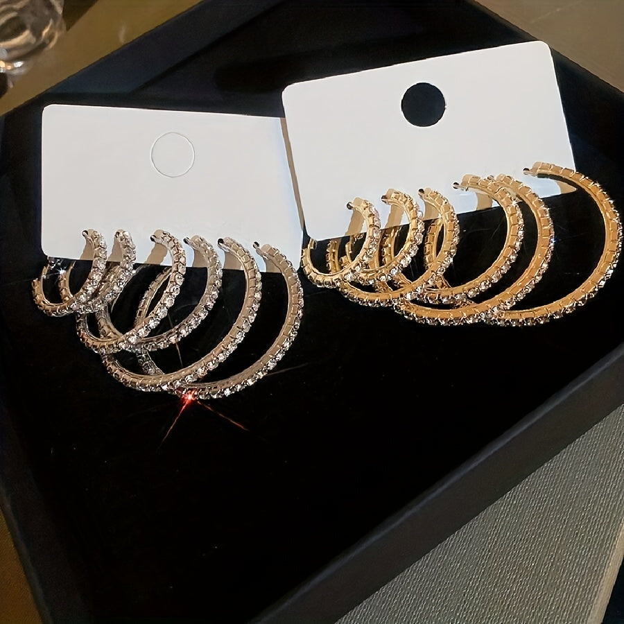 A Set of 6 Minimalist C-Shaped Crystal Hoop Earrings, Perfect for Women'S Vacation Parties, Dates, And Everyday Outfits