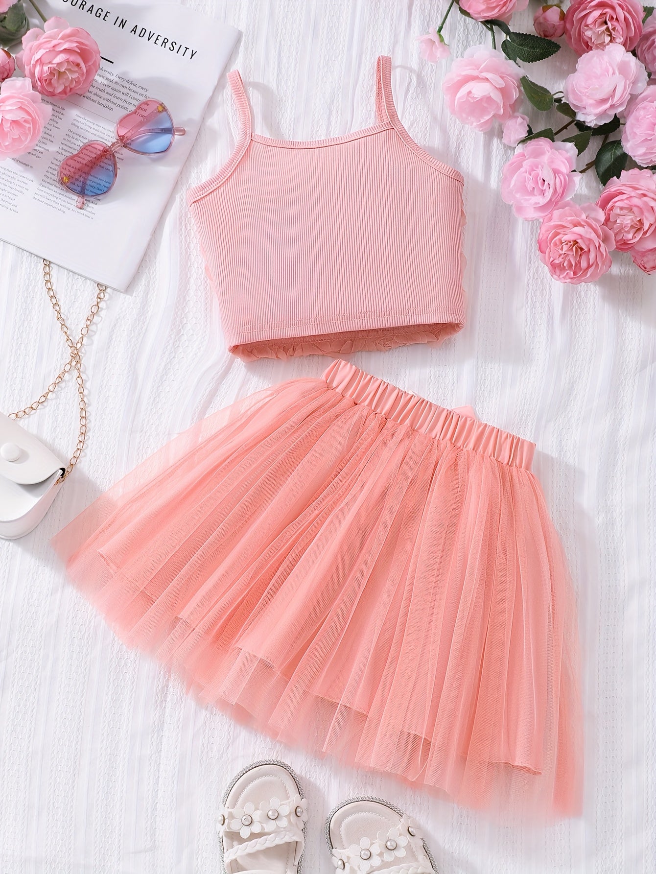 ' Stylish Floral Top with Straps And a Tulle Skirt Two-Piece Set for Spring And Summer