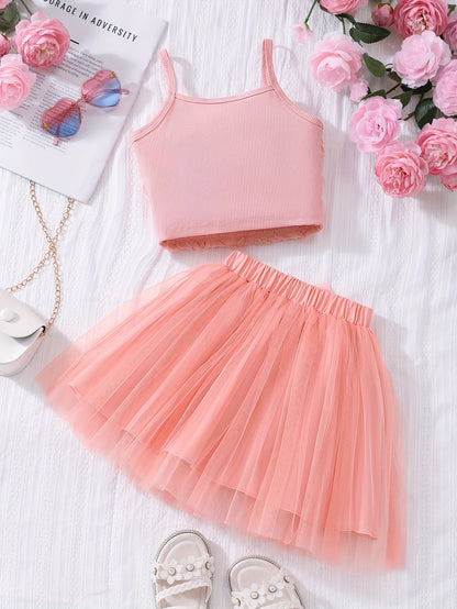 ' Stylish Floral Top with Straps And a Tulle Skirt Two-Piece Set for Spring And Summer
