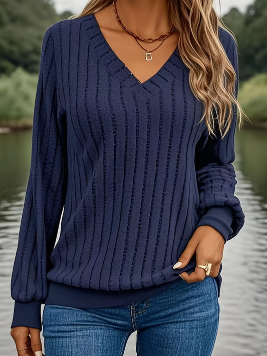 Autumn And Winter Solid Color Loose Women'S V-Neck Long Sleeve Ribbed Brushed T-Shirt Top
