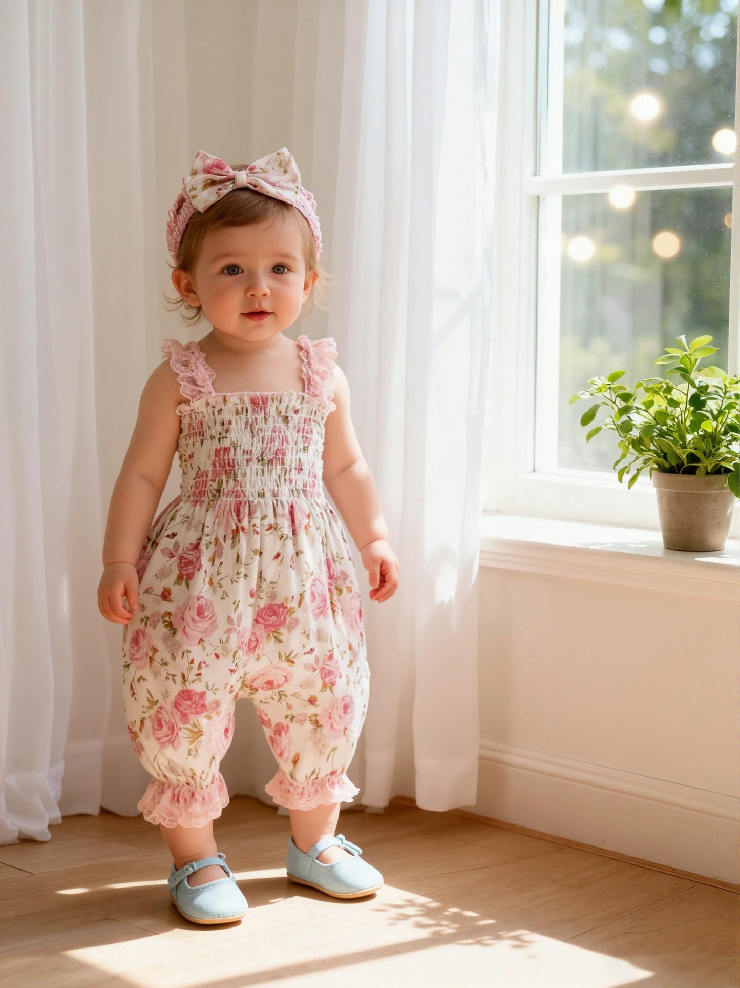 Girl's Stylish Summer Outfit Set: 2pcs Thin Bodysuit with Lace Camisole and Bell-Bottom Shorts, Cool and Comfortable, Includes Hair Accessories, Suitable for Photoshoots and Outings, Perfect for Outdoor