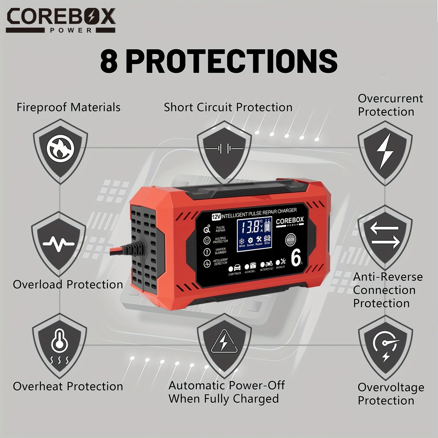 COREBOX 12V 6A Smart Battery Charger And Maintainer with LCD Display | US Plug, 110-130V Power Supply, Suitable for Cars, Trucks, Motorcycles, Lawn Mowers, Marine Lead Acid Batteries, Trickle Charging And Desulfation, Battery Not Included