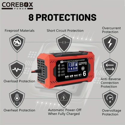 COREBOX 12V 6A Smart Battery Charger And Maintainer with LCD Display | US Plug, 110-130V Power Supply, Suitable for Cars, Trucks, Motorcycles, Lawn Mowers, Marine Lead Acid Batteries, Trickle Charging And Desulfation, Battery Not Included