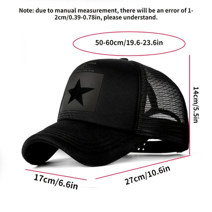 Men'S Black Mesh Baseball Cap with Star Logo - Breathable Six-Panel Design, Adjustable Fit, Casual Sporty Style for Outdoor Activities, Baseball Cap, Summer Headwear, Stylish Headgear, Durable Headwear, Mesh Fabric Cap, Streetwear Lovers, Lightweight Head