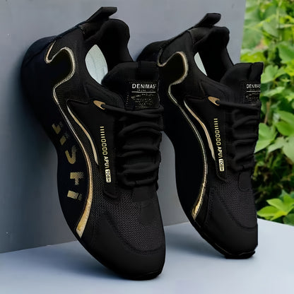 Men'S Stylish Sneakers - Casual Sports Shoes with Golden Accents, Featuring a White Upper, Black And Golden Design, Lace-Up, Round Toe, Low-Top, And Fabric Lining, Perfect for Casual Outfits And Outdoor Activities