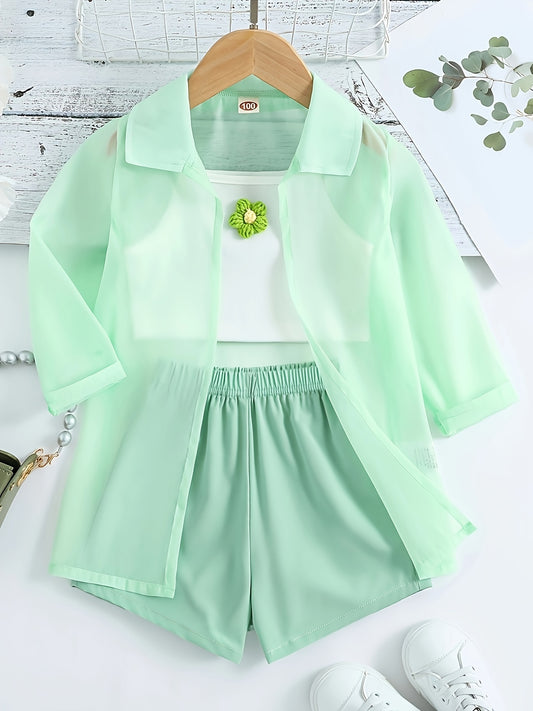 Solid Color Girls' Summer Casual Outfit | Long Sleeve Sheer Jacket, Short Sleeve Tank Top, and Shorts Set for Outdoor