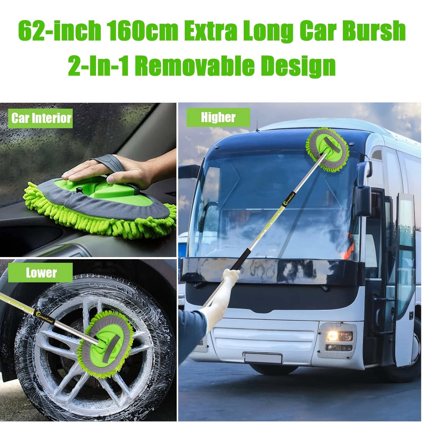 62" Car Wash Brush Kit with Long Handle, Scratch Free Mop Cleaning Mitt Suitable for Washing Cars Truck SUV RV Caravans and Household(2 X Mop Head)