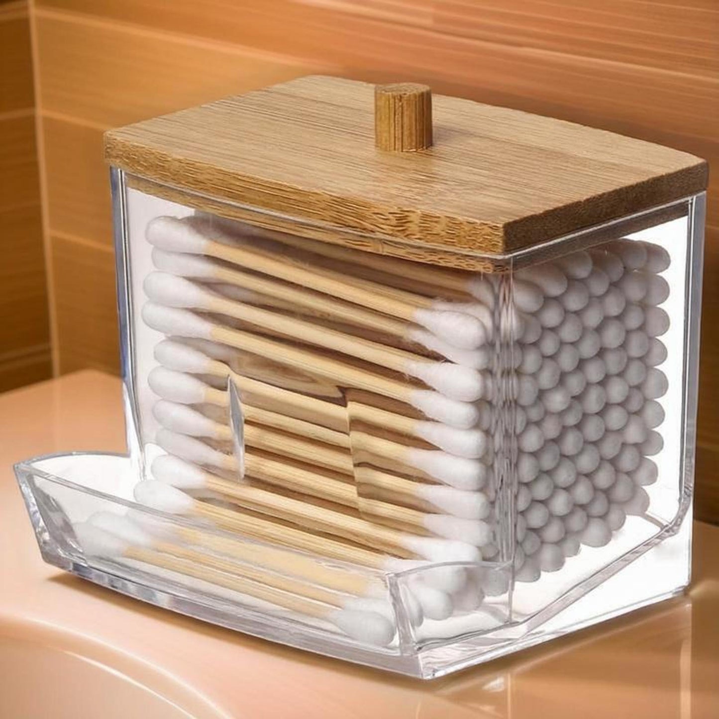 [7oz Acrylic Swab Holder] 1pc 7oz Clear Acrylic Swab Holder with High-Quality Wooden Lid | Sleek, Polished Bathroom Container for Swabs & Pads, Lightweight & Easy to Install, Bathroom Accessories