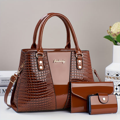 [Elegant PU Handbag] 3pcs Elegant PU Handbag Set - Large Capacity Crossbody Bag with Crocodile Pattern, Coin Purse and Card Holder - Lightweight Shoulder Bag with Sequins and Zipper Closure