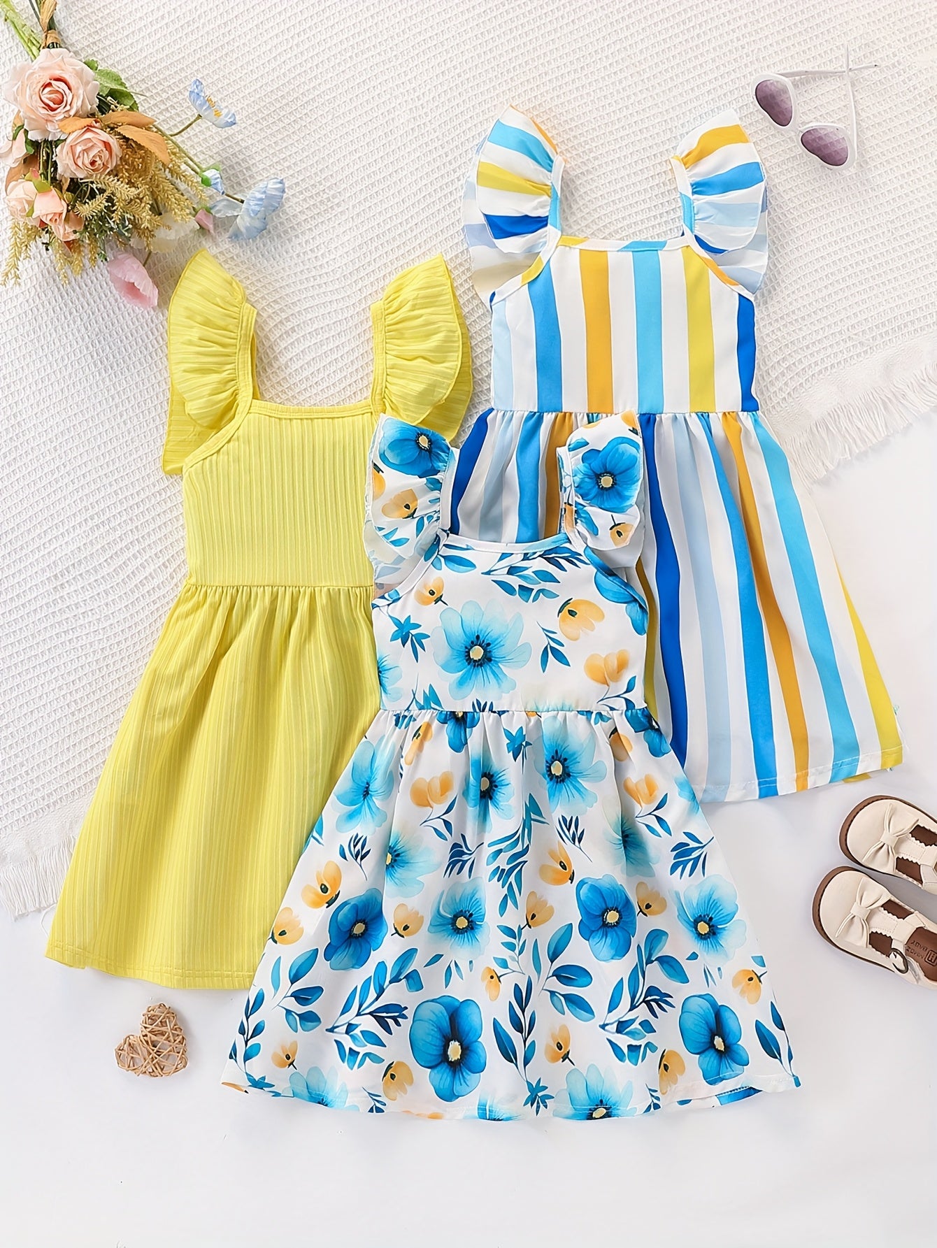 Young Girls' Summer 3pcs Set Simple Dress with Small Flutter Sleeves, Striped and Floral Print, Casual and Fashionable Dress, Suitable for Vacation, Leisure, and Outdoor Activities