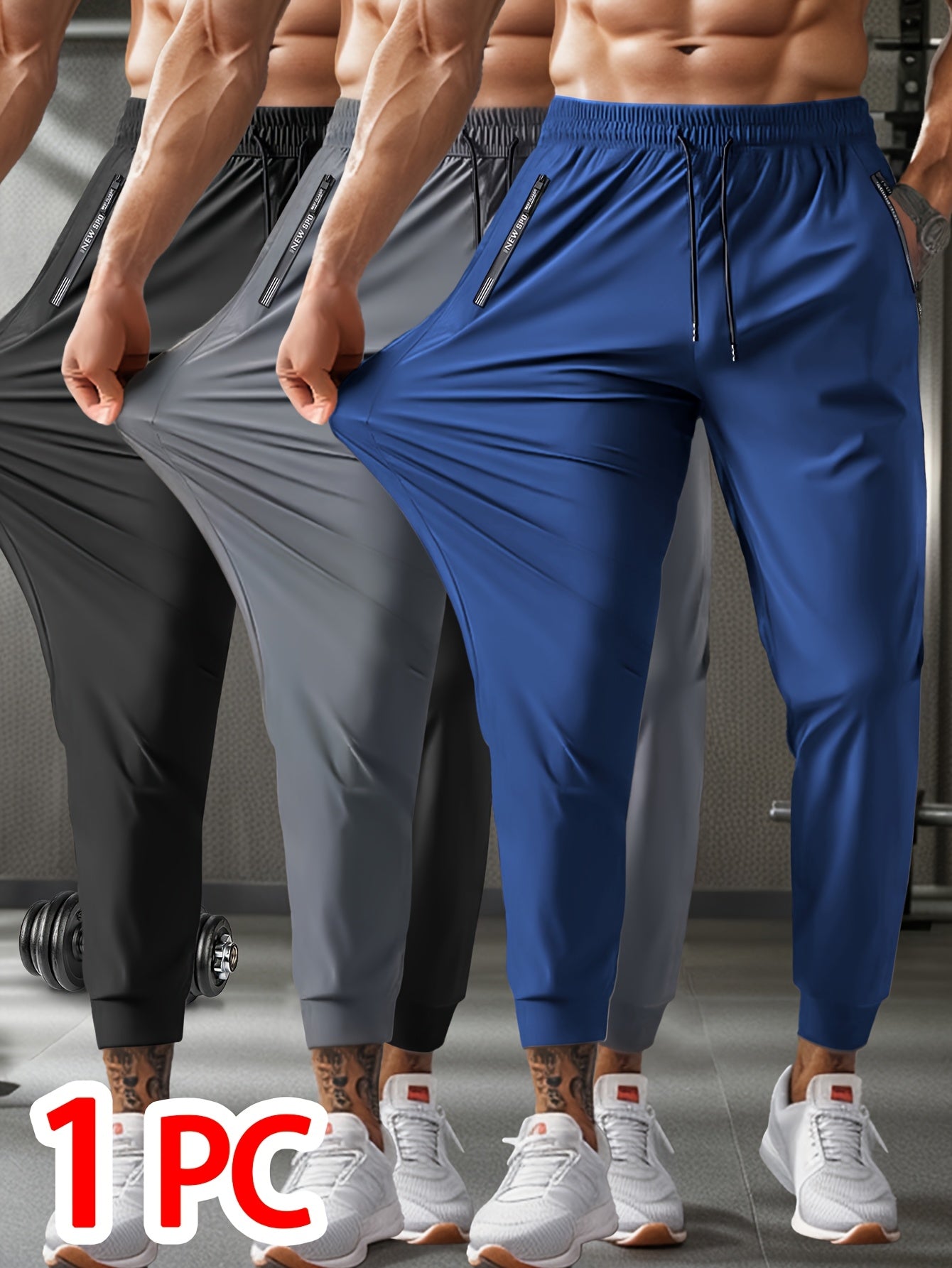 1pc Men'S Breathable Ice High-Elasticity Fabric Jogger with Drawstring Waist, Zipper Pockets - Casual Sports Cropped Pants for Weekend Wear, Solid Color, Regular Fit, Weekend Casual Wear| casual sporty style| drawstring Waistban