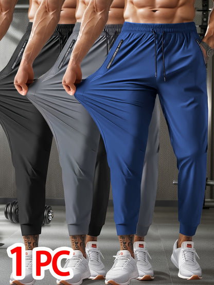 1pc Men'S Breathable Ice High-Elasticity Fabric Jogger with Drawstring Waist, Zipper Pockets - Casual Sports Cropped Pants for Weekend Wear, Solid Color, Regular Fit, Weekend Casual Wear| casual sporty style| drawstring Waistban