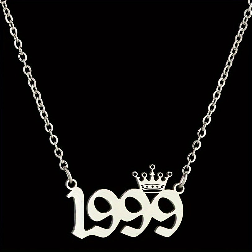 1 Elegant and Stylish Stainless Steel Polished Year Number Necklace, Unique Date Birthday Crown Pendant Necklace Gift for 1980-2024, Versatile Casual Attire Collarbone Chain Holiday Present