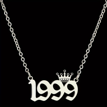 1 Elegant and Stylish Stainless Steel Polished Year Number Necklace, Unique Date Birthday Crown Pendant Necklace Gift for 1980-2024, Versatile Casual Attire Collarbone Chain Holiday Present