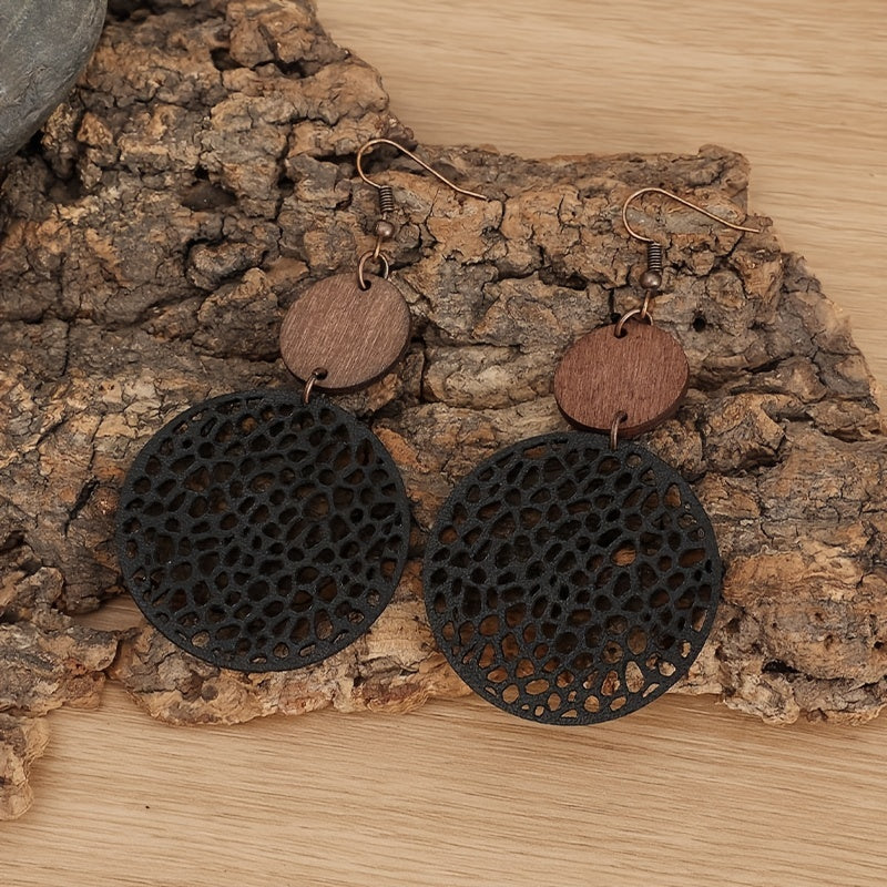 Bohemian Retro Wood Chip Round Hollow Faux Leather Earrings