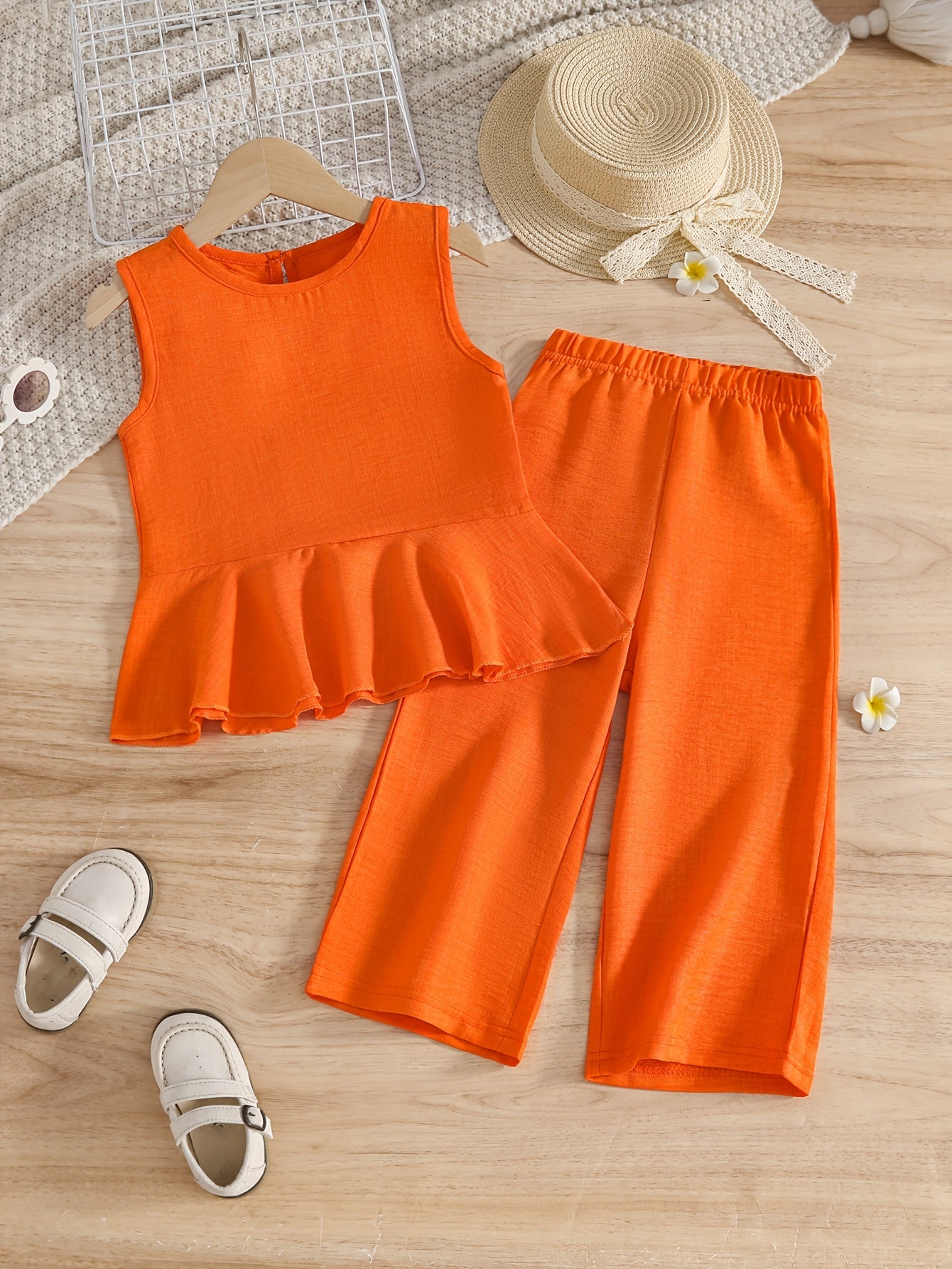 [Girls Summer Fashion Set] New Summer Fashion Set for Girls, Featuring a Blue Ruffled Sleeveless And Short-Sleeve Top Paired with Loose-Fitting Long Pants. Perfect for Everyday Outings And Vacations. This Stylish Outfit Is Ideal for Back-To-School Season