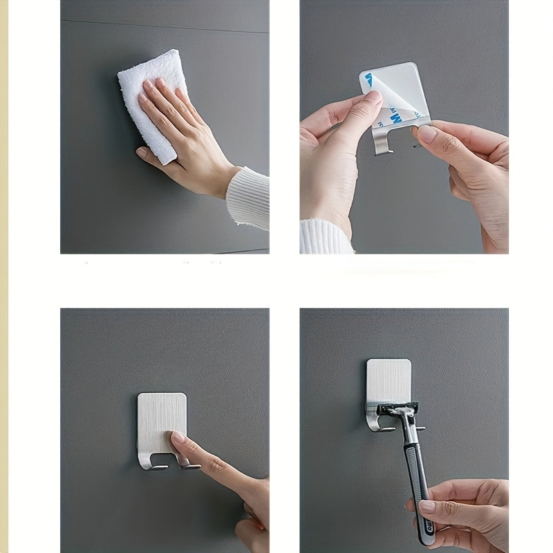 2pcs Silvery Adhesive Wall Hooks, No Drilling Required, Bathroom Shaver Holder, Stainless Steel Door Wall Hook, Bedroom Hat Hook, Bathroom Kitchen Bedroom Bathrobe Hook