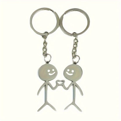 2pcs/set Alloy Stickman Matching Heart Keychain, Cute Ring Purse Bag Backpack Pendant Decoration, Valentines Gift For Him Her