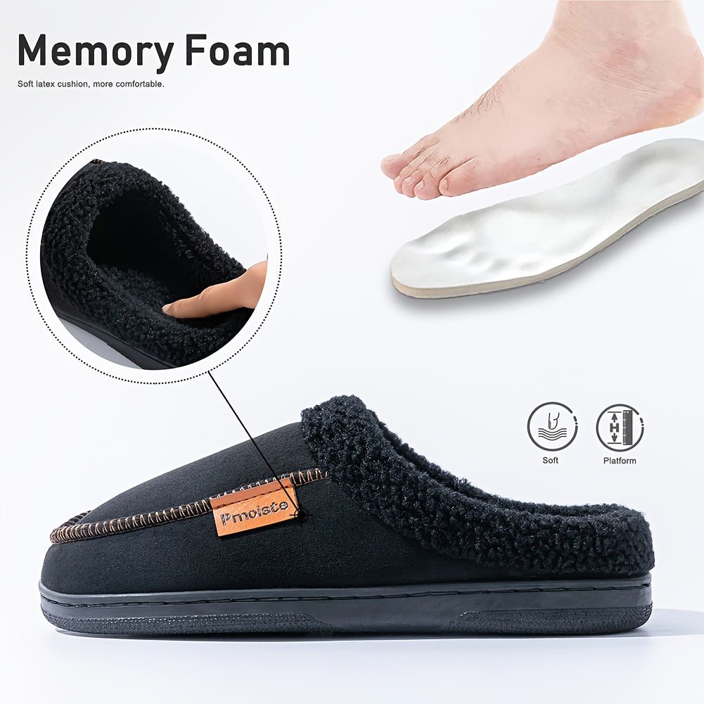 PMOISTE Men'S Plush Fuzzy Retro House Shoes - Winter Warm Indoor/Outdoor Slippers with Plush & TPR Sole, Slip-On Round Toe Design, Indoor Slippers, Indoor Footwear, Minimalist Style, Durable Footwear
