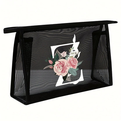 1pc Black Mesh Toiletries Storage Bag | Large Capacity Pink Flowers With White Letters A-Z, Transparent Mesh, Multi-Functional Travel Portable Bag, Lipstick Skin Care Storage, Easy And High-End, Jewelry Storage, Foldable And Lightweight