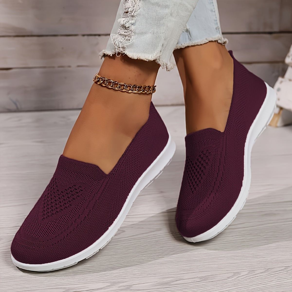 [Breathable Knitted Sneakers] Breathable Knitted Slip-On Sneakers | TLCAS2 Women's Casual Flat Sports Shoes